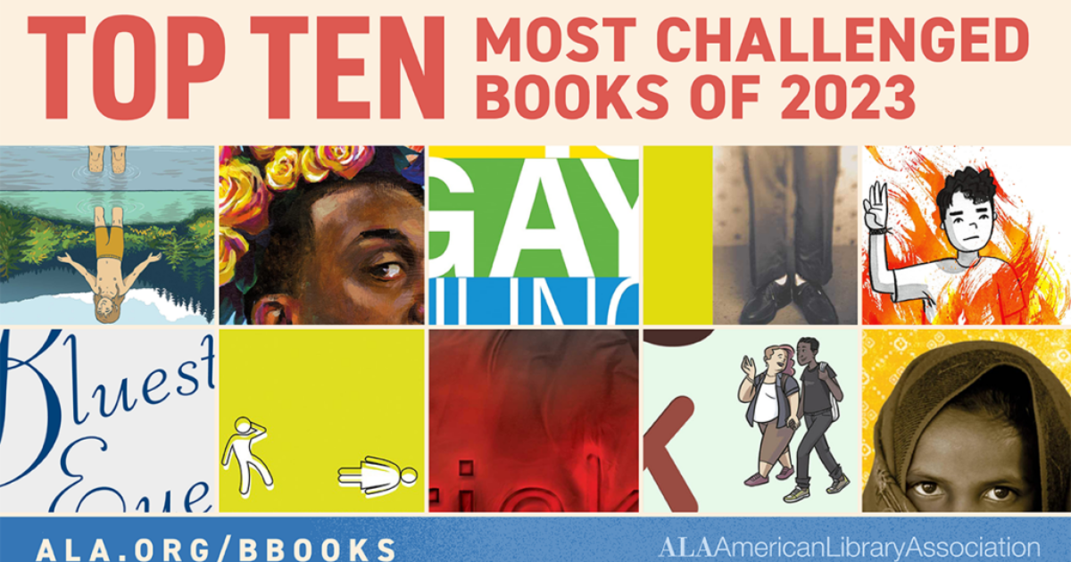 Top 10 Challenged Books for 2023 image of portions of covers presented by the American Library Association