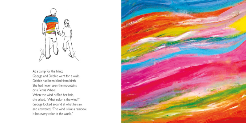 A page from George Mendoza's book Colors of the Wind, with text on the left and a multicolored painting by George on the right.