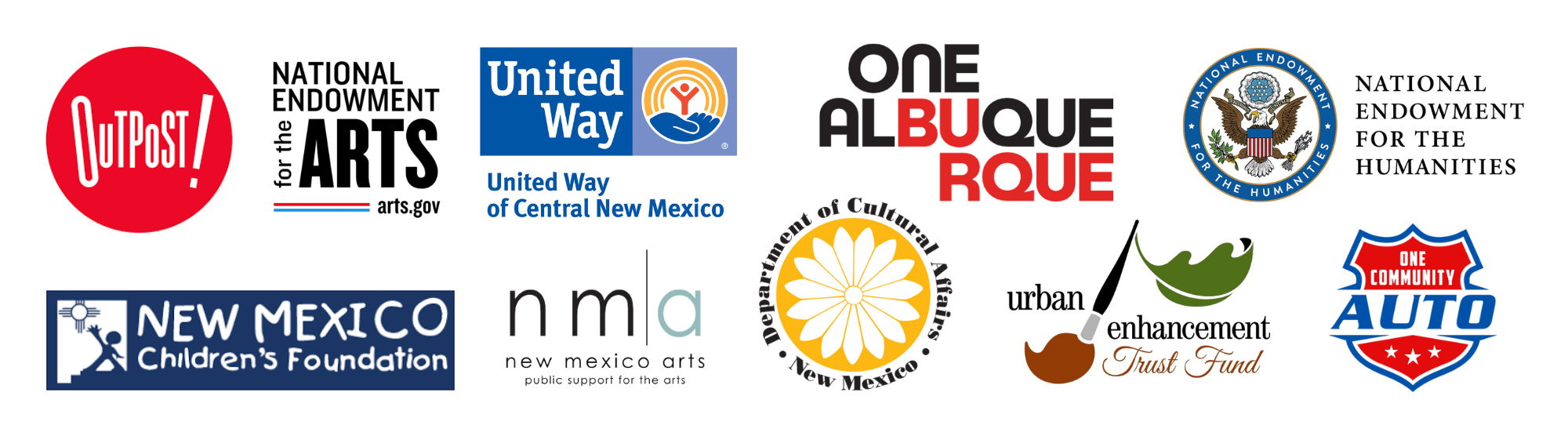 Logos of: Outpost Performance Space, National Endowment for the Arts, United Way of North Central New Mexico, One Albuquerque (City of Albuquerque), National Endowment for the Humanities, New Mexico Children's Fund, New Mexico Arts, New Mexico Department of Cultural Affairs, City of Albuquerque Urban Enhancement Trust Fund, One Community Auto