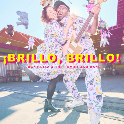 Cover of Brillo, Brillo album with Lucky and Alicia dancing. Lucky is holding a guitar.